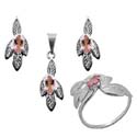 wholesale jewelryset with pink cz stone decor in petal shape pattern, earrings match with ring